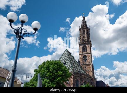 Bolzano, Italy, June 2021. View of the magnificent and elegant cathedral, beautiful summer day. Nobody. Stock Photo