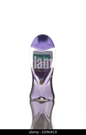 KUALA LUMPUR, MALAYSIA - Aug 24, 2019: A vertical shot of a half full purple bottle of Palmolive shower gel on white background. Stock Photo
