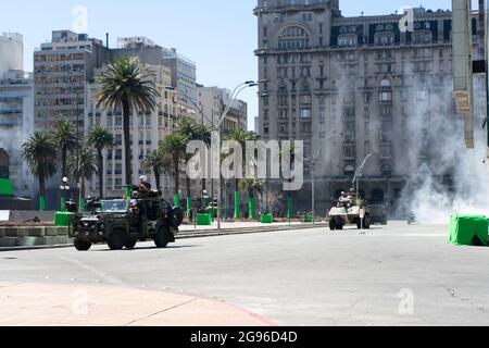 Recording of series Conquest de Netflix produced by Keanu Reeves in Independence Square. Montevideo, Uruguay Stock Photo