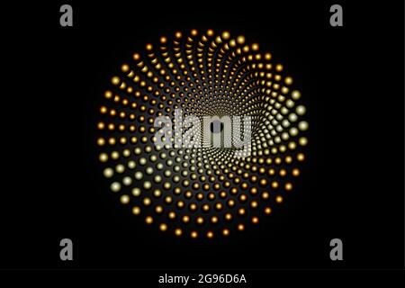 3D gold halftone dots circle, spiral pattern round logo template, vector dotted frame. Golden luxury Gradient color design element isolated on black Stock Vector
