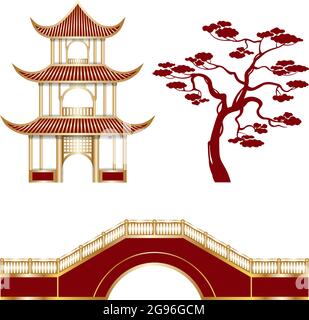 Isolated oriental landscape elements temple, tree and bridge. Decorative elements for chinese new year or mid autumn festival background Stock Vector