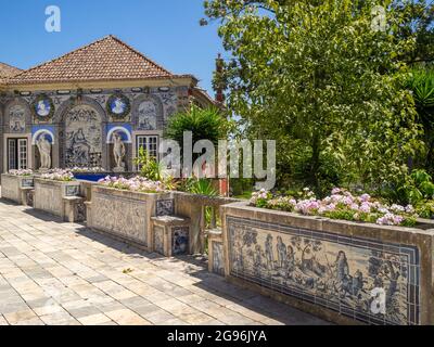 Palacio Fronteira terrace decorated with blue and white tiles and sculptures Stock Photo