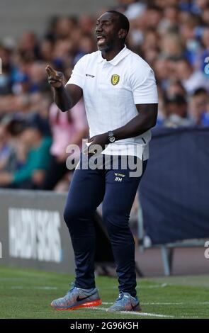 Burton upon Trent, England, 24th July 2021.  Jimmy Floyd Hasselbaink manager of Burton Albion during the Pre Season Friendly match at the Pirelli Stadium, Burton upon Trent. Picture credit should read: Darren Staples / Sportimage Stock Photo