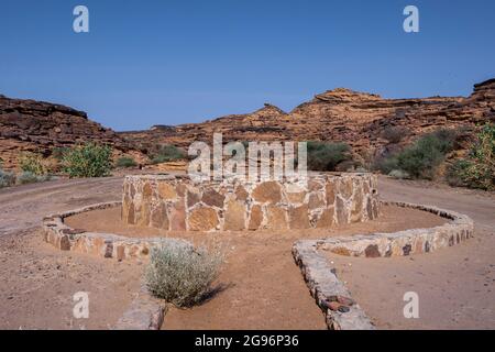 (210724) -- HIMA CULTURAL AREA (SAUDI ARABIA), July 24, 2021 (Xinhua) -- File photo taken on Sept. 20, 2020 shows a well in Hima Cultural Area in southwest Saudi Arabia. Saudi Arabia's Hima Cultural Area was on July 24, 2021 officially recognized by UNESCO as a World Heritage Site during its 44th session held online and chaired from Fuzhou, China. Located in an arid and mountainous area of southwest Saudi Arabia, on one of the Arabian Peninsula's ancient caravan routes, the Hima Cultural Area contains a substantial collection of rock art images depicting hunting, fauna, flora and lifestyles in Stock Photo