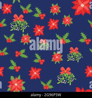 Seamless pattern with hand drawn poinsettia flowers and floral branches and berries, mistletoe, christmas florals Stock Vector