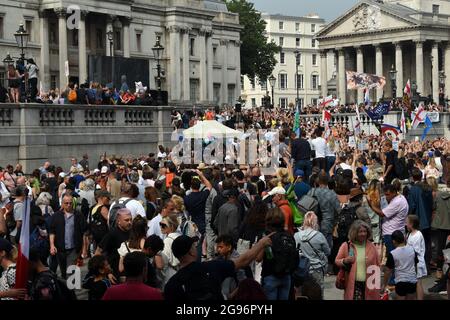 London, UK. 24th July, 2021. Worldwide Rally For Freedom demonstration. Freedom day anti-vaccination march Trafalgar Square, Downing Street and Parliament Square. Credit: JOHNNY ARMSTEAD/Alamy Live News Stock Photo