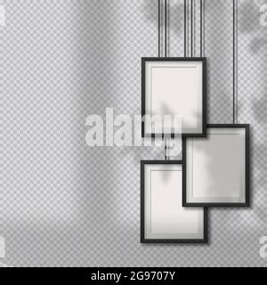 Pictures, photo frames on light wall with soft overlay shadows from window and plants outside. Stock Vector