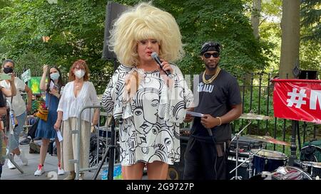 New York NY: July 24: Lady Bunny and Susan Sarandun speak at a Protest held in NYC for Medicare for All. Credit: Rainmaker/MediaPunch Stock Photo