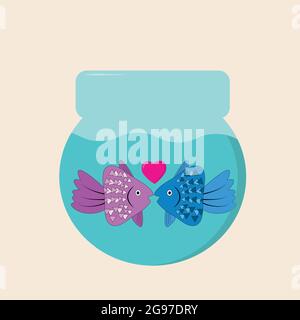 a pair of two fish in love pink and blue look at each other hearts fly above them in a round aquarium on monochrome Stock Vector