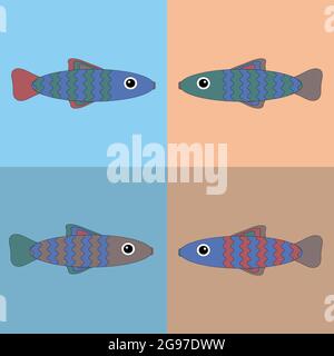 Set of vector multicolored blue cute fish on isolated background. Fish set. Stock Vector