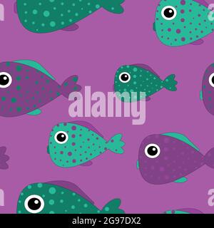 Fish pattern on a purple background. Cute fishes Stock Vector