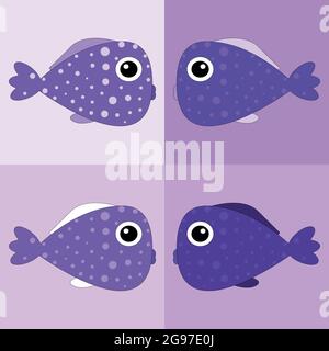 Set of vector multicolored  purple cute fish on isolated background. Fish set. Stock Vector