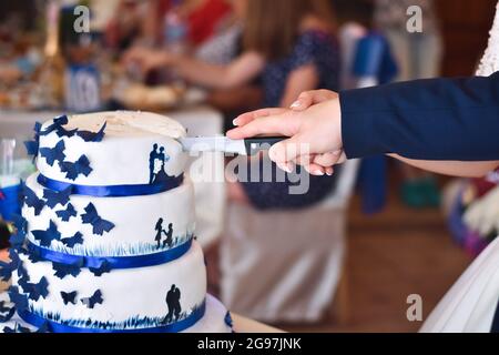 hands of a couple of the bride and groom cut the wedding cake Stock Photo