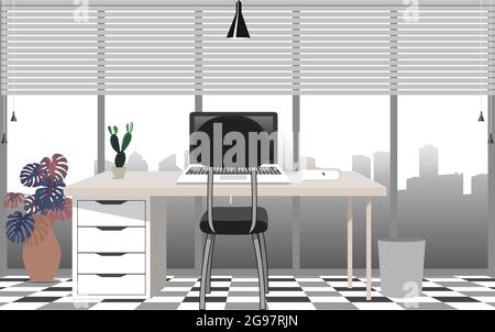 interio of office on the high building with cityscape background in flat disign Stock Vector