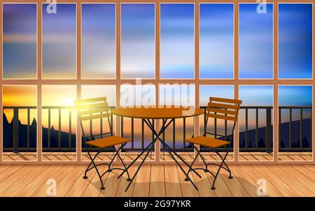 wood table and chair in wooden resort on the mountain in the morning Stock Vector