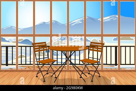 wooden table and chair in the living room with snow forest in the morning background Stock Vector