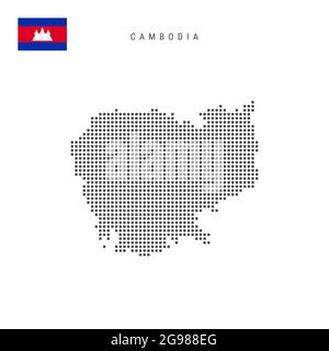 Square dots pattern map of Cambodia. Cambodian dotted pixel map with national flag isolated on white background. Vector illustration. Stock Vector