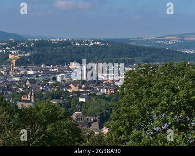 Beautiful aerial view of city Koblenz, located at the confluence of rivers Rhine and Moselle, with equestrian statue of German emperor Wilhelm I. Stock Photo