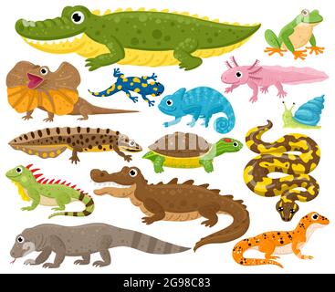 Reptiles and amphibians. Cartoon frog, chameleon, crocodile, lizard and turtle, wildlife animals vector illustration set. Serpent, reptile and Stock Vector