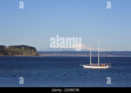 Sunny winter's day at Coupeville, Whidbey Island, Mt Baker in the background. The Pacific Northwest at its best. Stock Photo