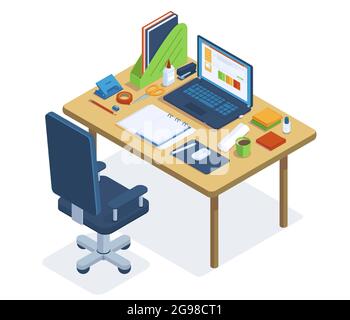 Isometric office workspace. Freelance or coworking office desk, laptop, office chair and stationery tools vector illustration set. Office 3d workplace Stock Vector
