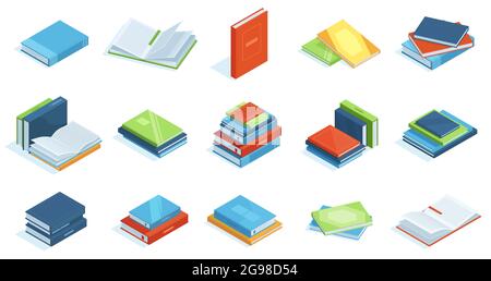 Isometric library books. School education textbooks, encyclopedia or scientific literature vector illustration set. Bookstore 3d isometric books Stock Vector