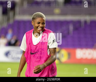 Orlando, United States. 25th July, 2021. Tziarra King (23 OL Reign) laughs after the National Women's Soccer League game between Orlando Pride and OL Reign at Exploria Stadium in Orlando, Florida. NO COMMERCIAL USAGE. Credit: SPP Sport Press Photo. /Alamy Live News Stock Photo