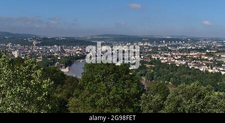 Beautiful panoramic view of the city center of town Koblenz, Rhineland-Palatinate, Germany with rivers Rhine and Moselle and landmark Deutsches Eck. Stock Photo