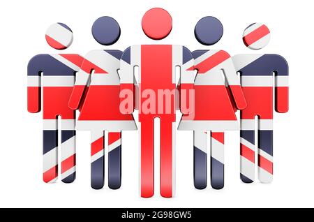 Stick figures with British flag. Social community and citizens of the Great Britain, 3D rendering isolated on white background Stock Photo