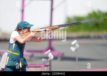 Tokyo, Japan. 25th July, 2021. Laura Coles of Australia competes during the Tokyo 2020 Skeet women's qualification in Tokyo, Japan, July 25, 2021. Credit: Ju Huanzong/Xinhua/Alamy Live News Stock Photo