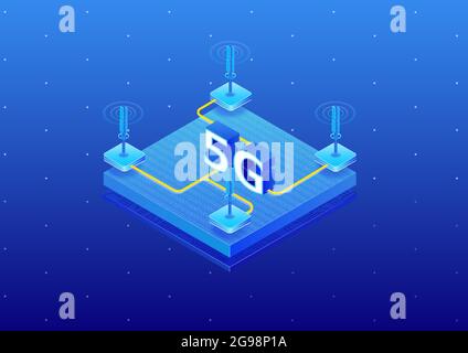 5G modern telephony mobile network concept. Isometric 3D vector illustration of a 5G infrastructure. Stock Vector