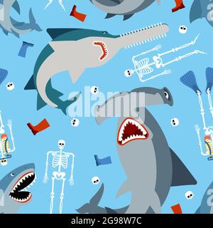 Shark and skeleton diver pattern seamless. Marine predator ate frogman background. diver's death texture Stock Vector