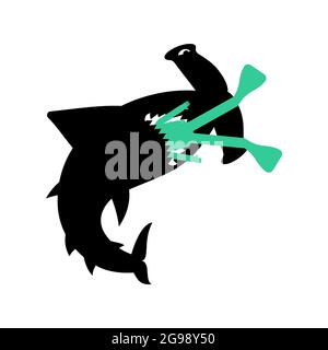 Hammerhead shark and diver. Marine predator ate frogman. Death of a diver by Fish hammer Stock Vector