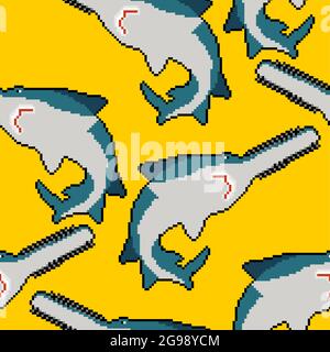 Sawfish pixel art pattern seamless. 8 bit marine predator saw fish background. vector texture Stock Vector
