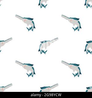 Sawfish pixel art pattern seamless. 8 bit marine predator saw fish background. vector texture Stock Vector