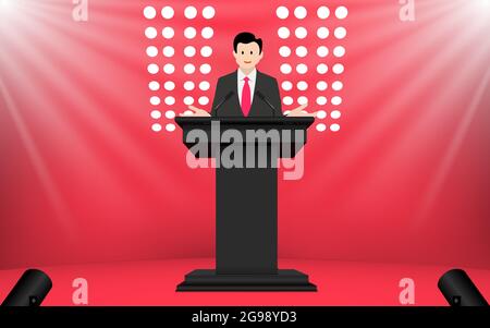 man on the black announcement podium on the red stage in the hall Stock Vector
