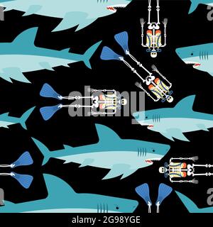 Shark and skeleton diver pattern seamless. Marine predator ate frogman background. diver's death texture Stock Vector