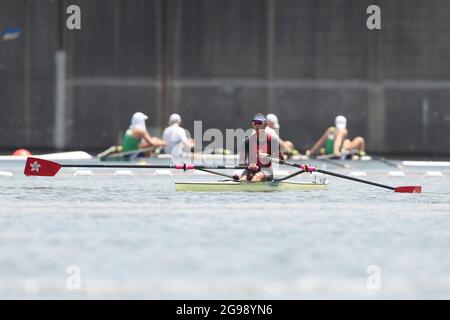 Tokyo, Japan. 25th July, 2021. Hung Wing Yan Winne of Hong Kong, China competes during the women's single sculls semifinal of rowing at the Sea Forest Waterway in Tokyo, Japan, July 25, 2021. Credit: Du Xiaoyi/Xinhua/Alamy Live News Stock Photo