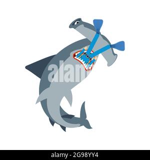 Hammerhead shark and diver. Marine predator ate frogman. Death of a diver by Fish hammer Stock Vector