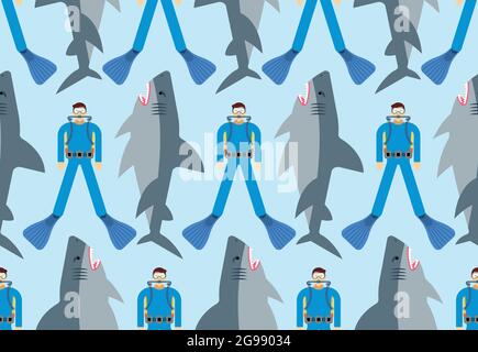 Shark and diver pattern seamless. Hammerhead shark and frogman background. Marine predator texture Stock Vector