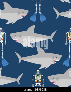 Shark and skeleton diver pattern seamless. Marine predator ate frogman background. diver's death texture Stock Vector