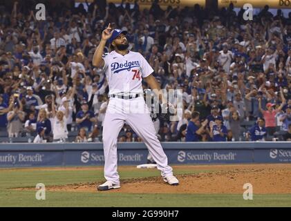 Los Angeles, United States. 25th July, 2021. Los Angeles Dodgers' closing pitcher Kenley Jansen points up after the Dodgers beat the Colorado Rockies 1-0 at Dodger Stadium in Los Angeles on Saturday, July 24, 2021. Photo by Jim Ruymen/UPI Credit: UPI/Alamy Live News Stock Photo