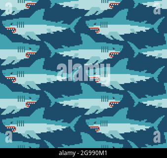 Shark pixel art pattern seamless. Sea predator 8bit background. Large ...