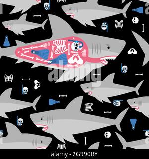 Shark and skeleton diver pattern seamless. Marine predator ate frogman background. diver's death texture Stock Vector