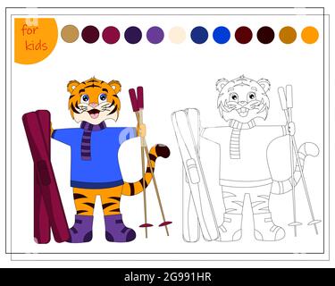 coloring book for children by colors, cartoon tiger with skis and ski poles in his hands, symbol of the year, vector isolated on a white background. Stock Vector