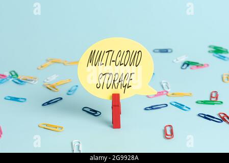 Handwriting text Multi Cloud Storage. Internet Concept use of multiple cloud computing and storage services Colorful Office Supplies Bright Workplace Stock Photo