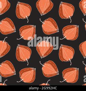 Physalis pattern seamless doodling hand drawing on a black background. Vector illustration Stock Vector