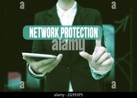Sign displaying Network Protection. Business showcase protect the usability and integrity of the network Lady In Uniform Holding Phone Pressing Stock Photo