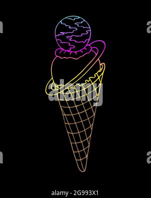 Ice cream, colored doodling in a waffle cone, pink blue yellow color, planet Saturn, handmade contour doodle drawing, isolated, white background. Vector illustration Stock Vector