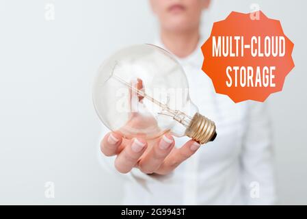Text sign showing Multi Cloud Storage. Internet Concept use of multiple cloud computing and storage services Lady in business outfit holding lamp Stock Photo